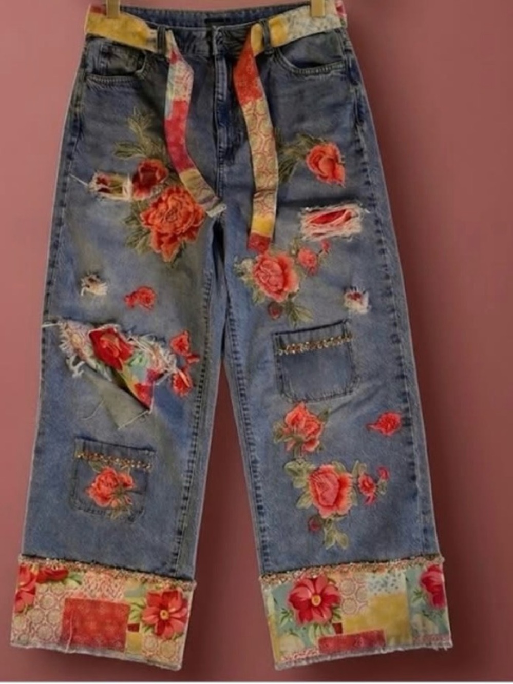 Blue Denim Wide-Leg Jeans with Coral Floral Embroidery